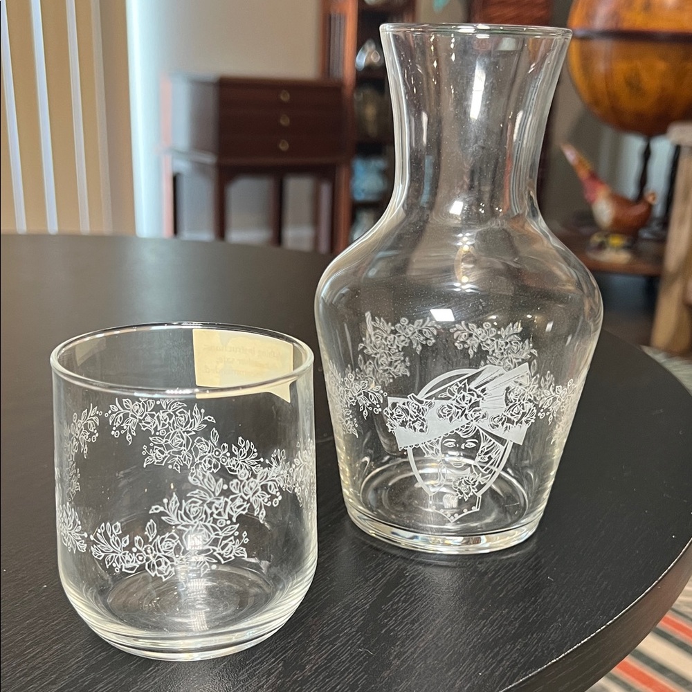 Vintage Victorian Lady Rose Floral Clear Glass Tumble Up Water Bedside Carafe